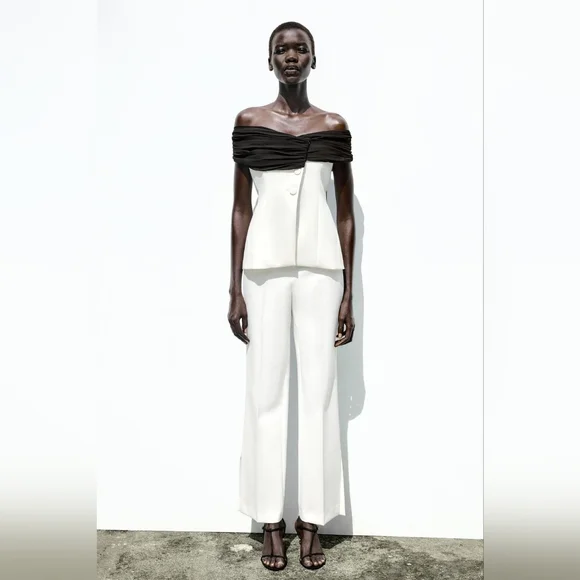 ZARA 2 PIECES CONTRAST BUSTIER TOP WITH PIECE COMBINATION WAIST PANTS SIZE S - Picture 3 of 16